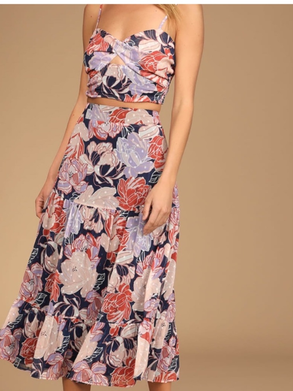 Lulu’s Floating through Flowers Multi Floral Two-Piece Midi Dress set worn once
